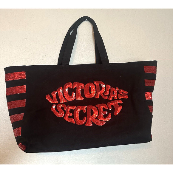 Victoria's Secret Sequin Lip Zip Shoulder Tote Weekend Duffle Gym Black Bag EUC - Picture 1 of 6